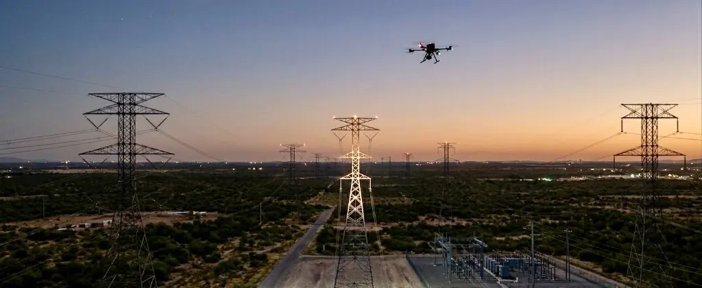 A drone flying over power lines at dusk
